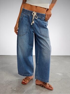 FREE PEOPLE Easy Peasy Wide Leg Mid Rise Denim Drawstring Pants (XS)